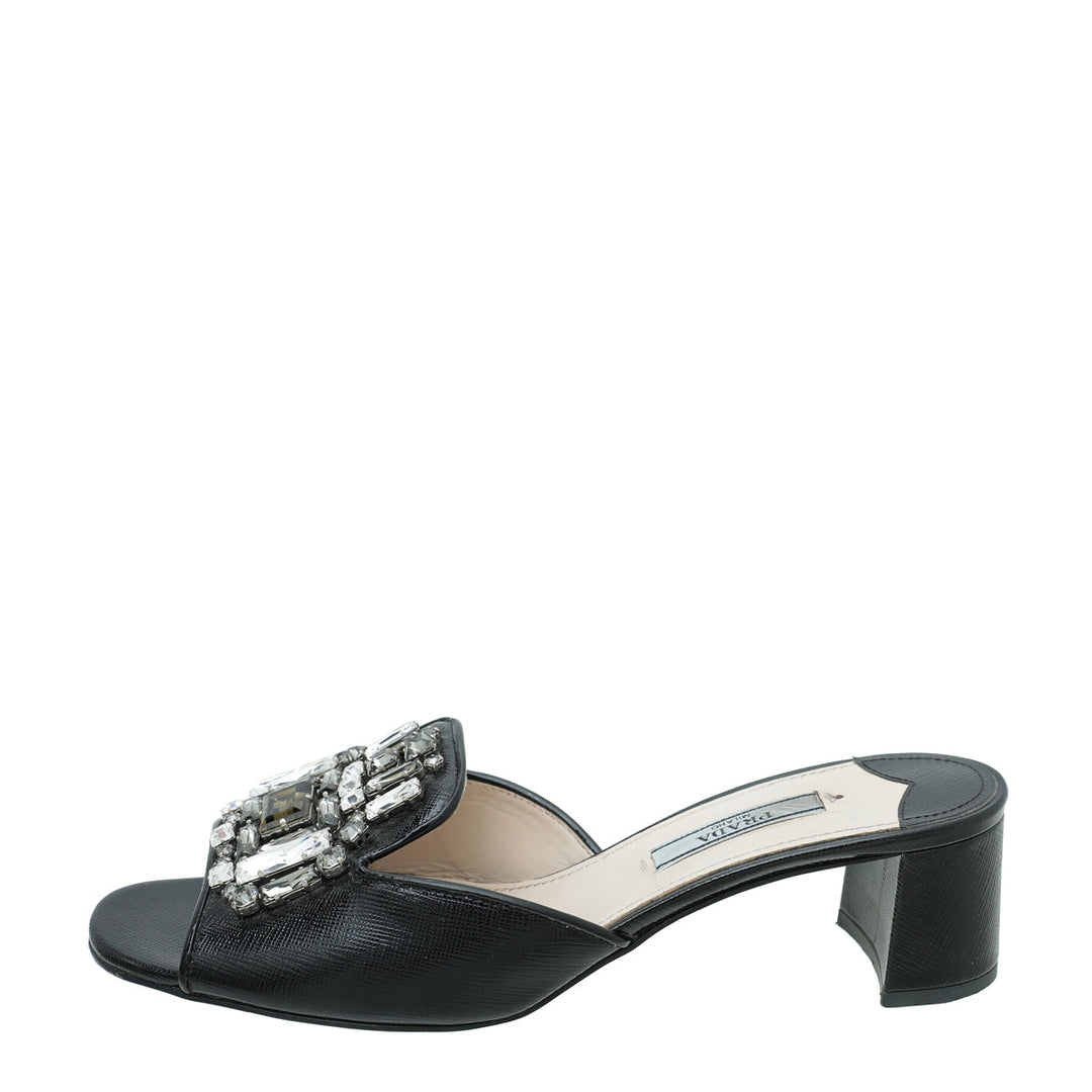 Prada Black Vernice Crystal Embellished Slide Block Mules 36