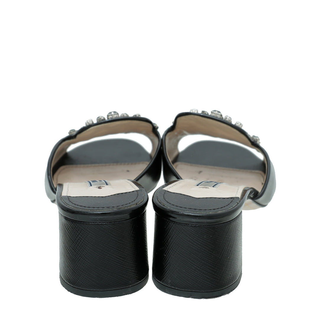 Prada Black Vernice Crystal Embellished Slide Block Mules 36