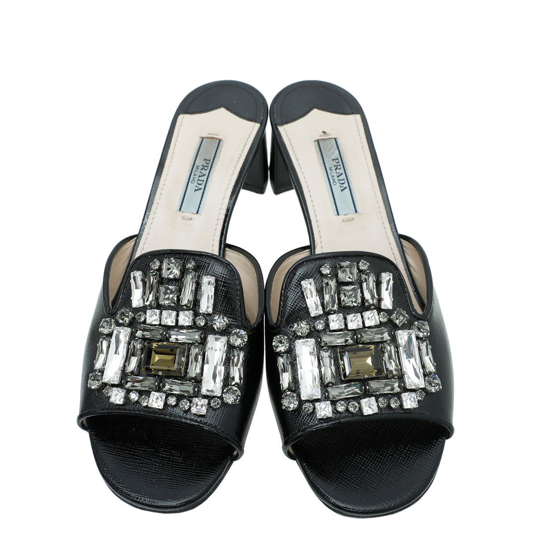 Prada Black Vernice Crystal Embellished Slide Block Mules 36