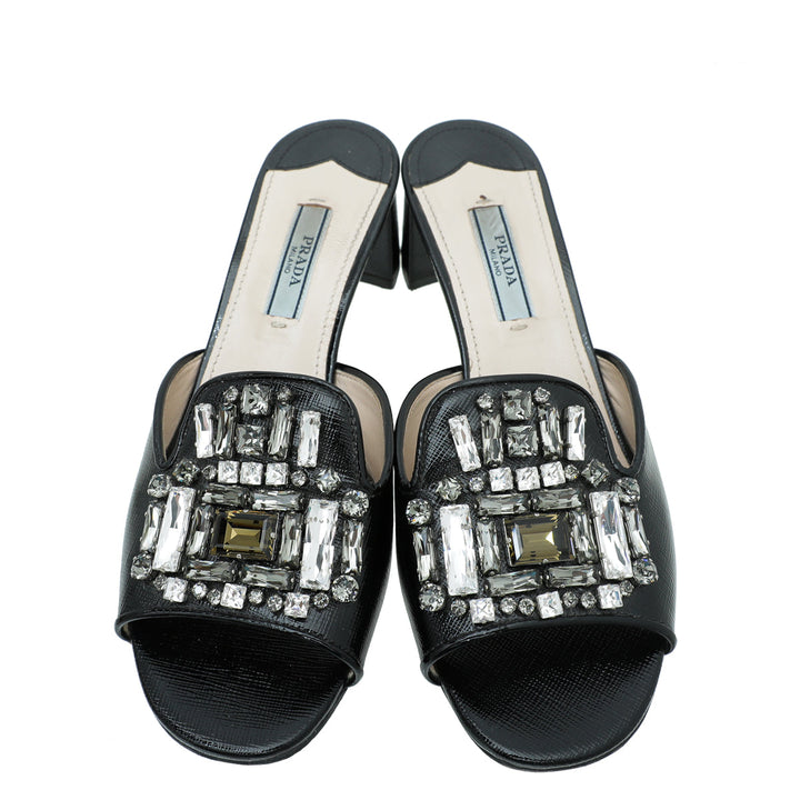 Prada Black Vernice Crystal Embellished Slide Block Mules 36