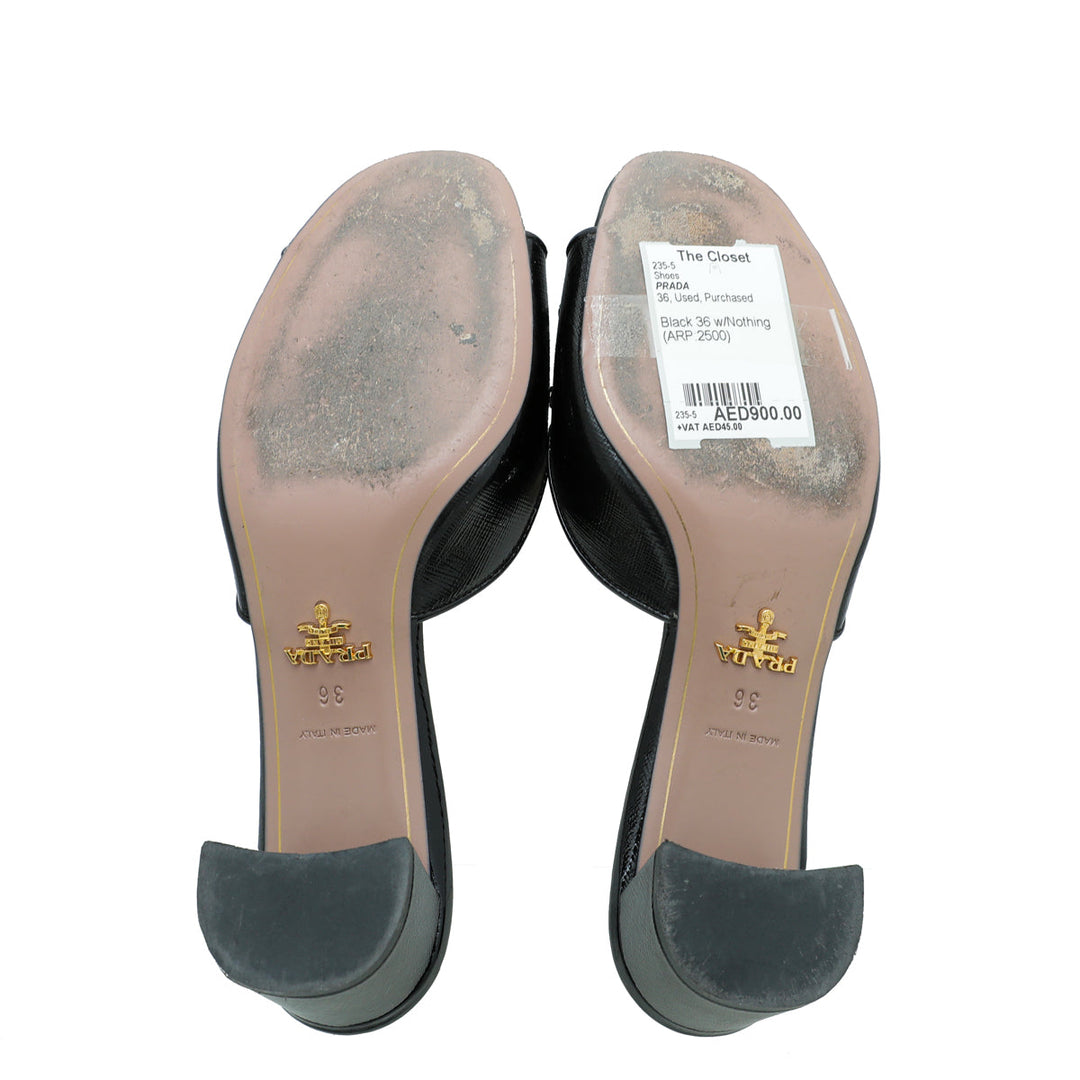 Prada Black Vernice Crystal Embellished Slide Block Mules 36