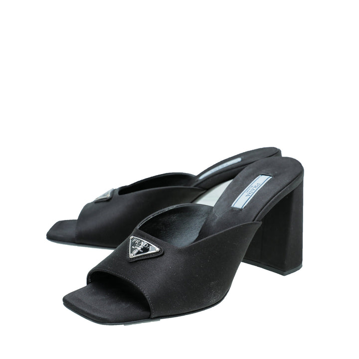 Prada Black Satin Slide Heeled Mules 38.5