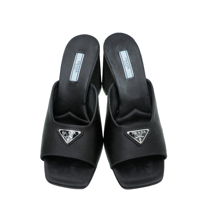 Prada Black Satin Slide Heeled Mules 38.5
