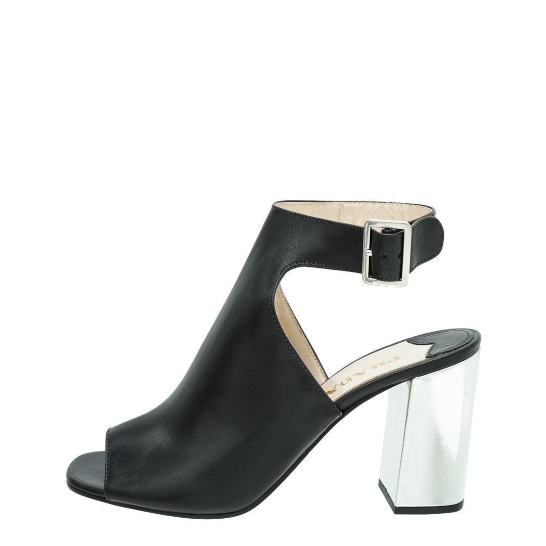 Prada Black Peep Toe Ankle Strap Block Heel Booties 38