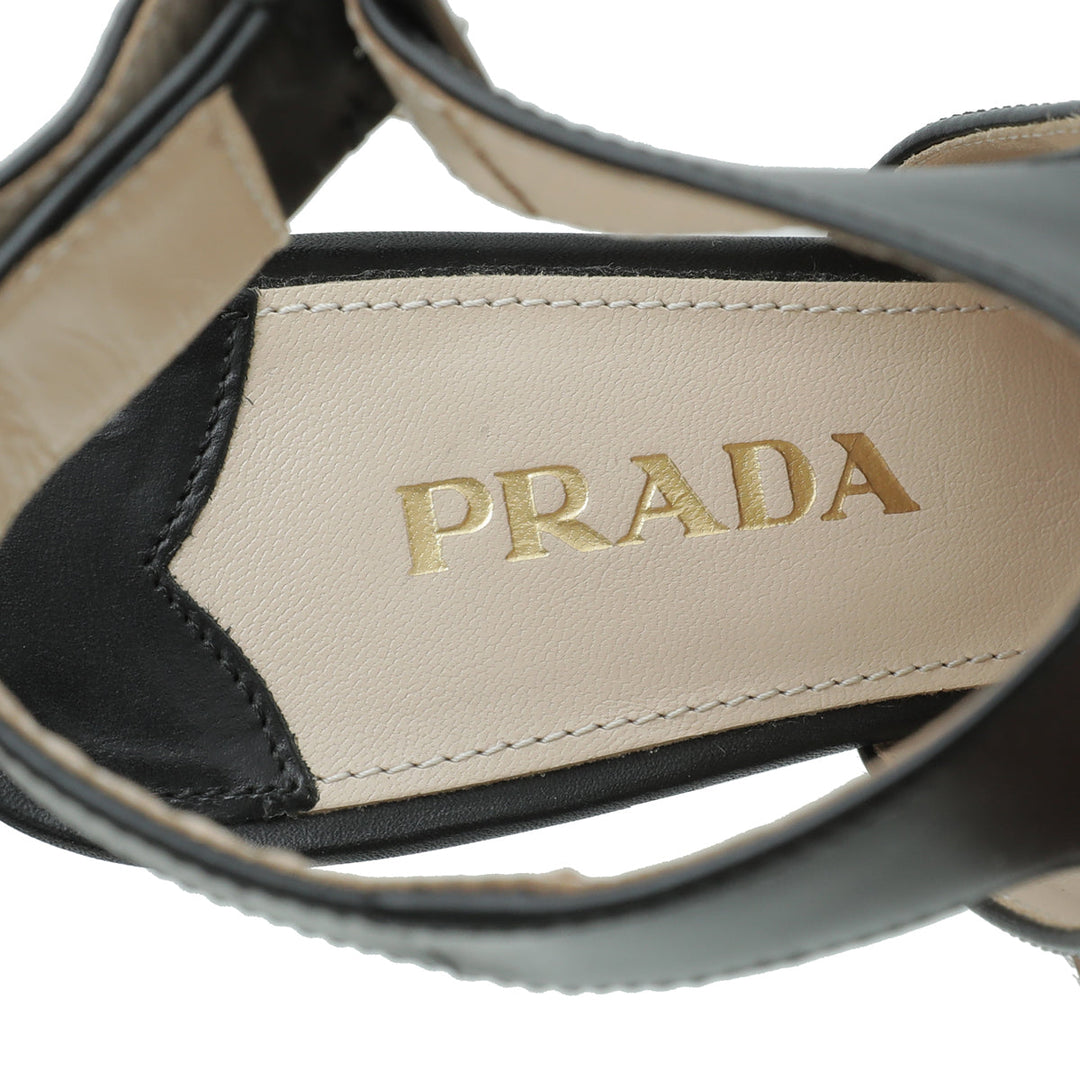 Prada Black Peep Toe Ankle Strap Block Heel Booties 38