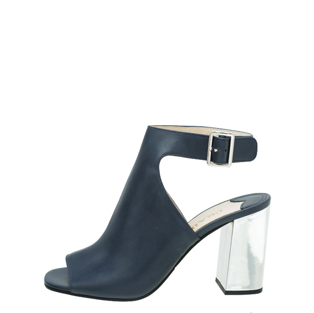Prada Blue Peep Toe Ankle Strap Block Heel Booties 38