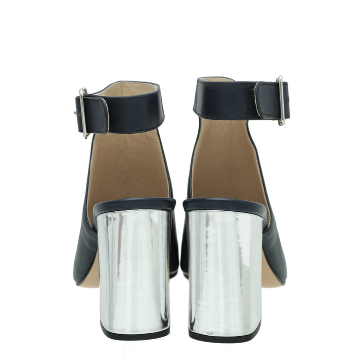 Prada Blue Peep Toe Ankle Strap Block Heel Booties 38