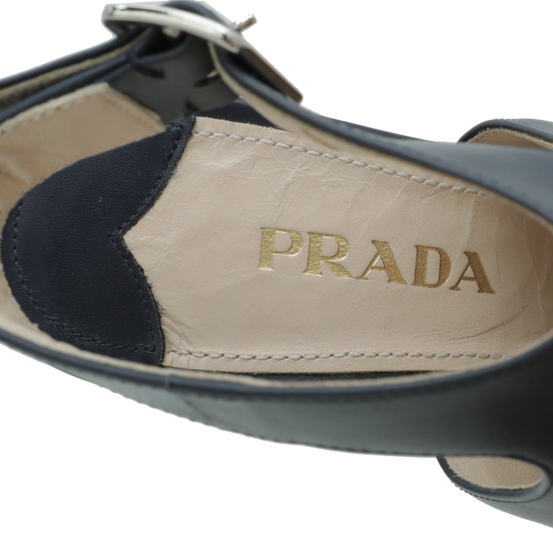 Prada Blue Peep Toe Ankle Strap Block Heel Booties 38