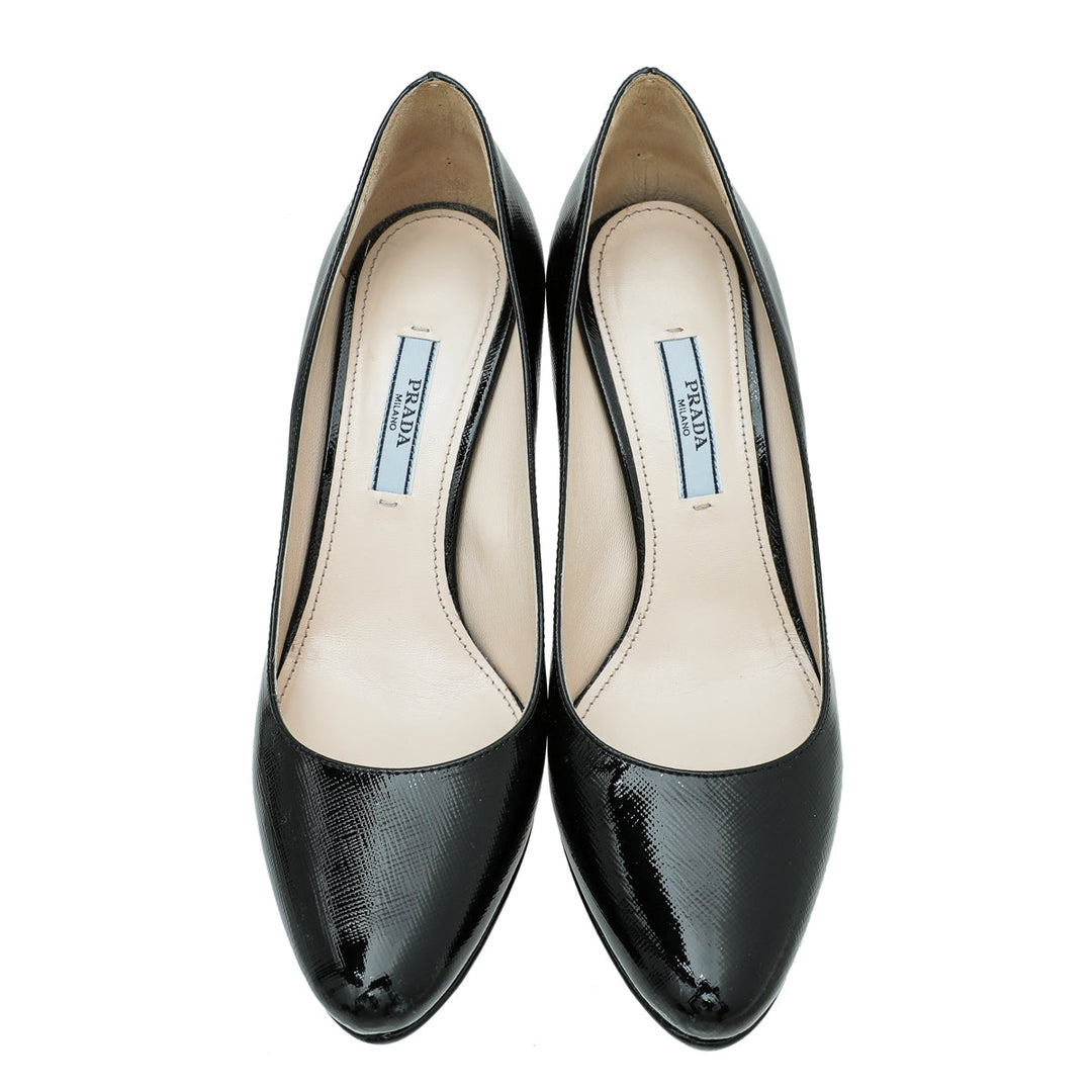 Prada Black Saffiano Vernis Platform Pump 36.5