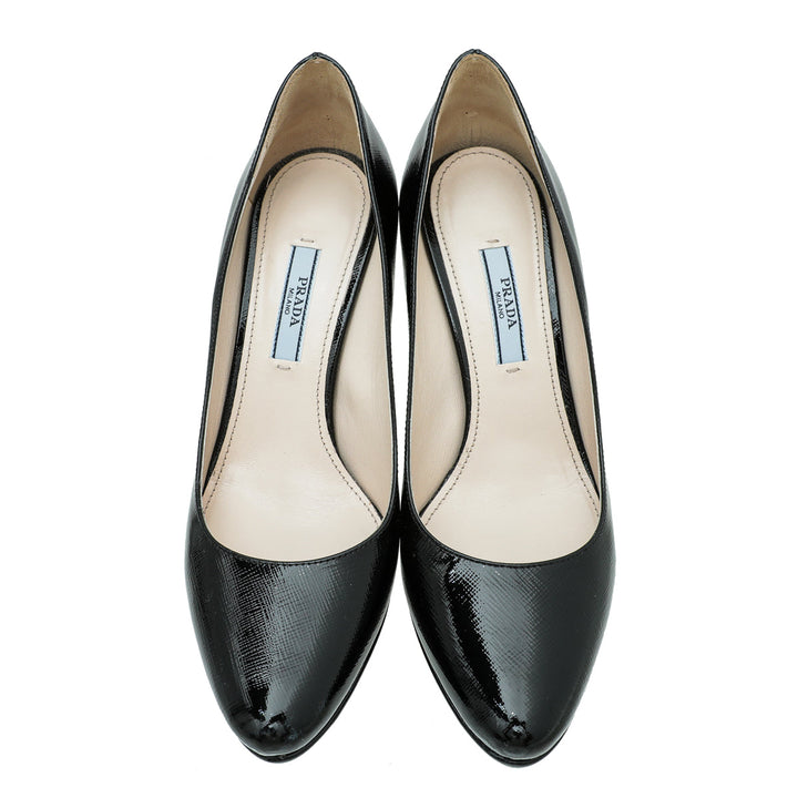Prada Black Saffiano Vernis Platform Pump 36.5