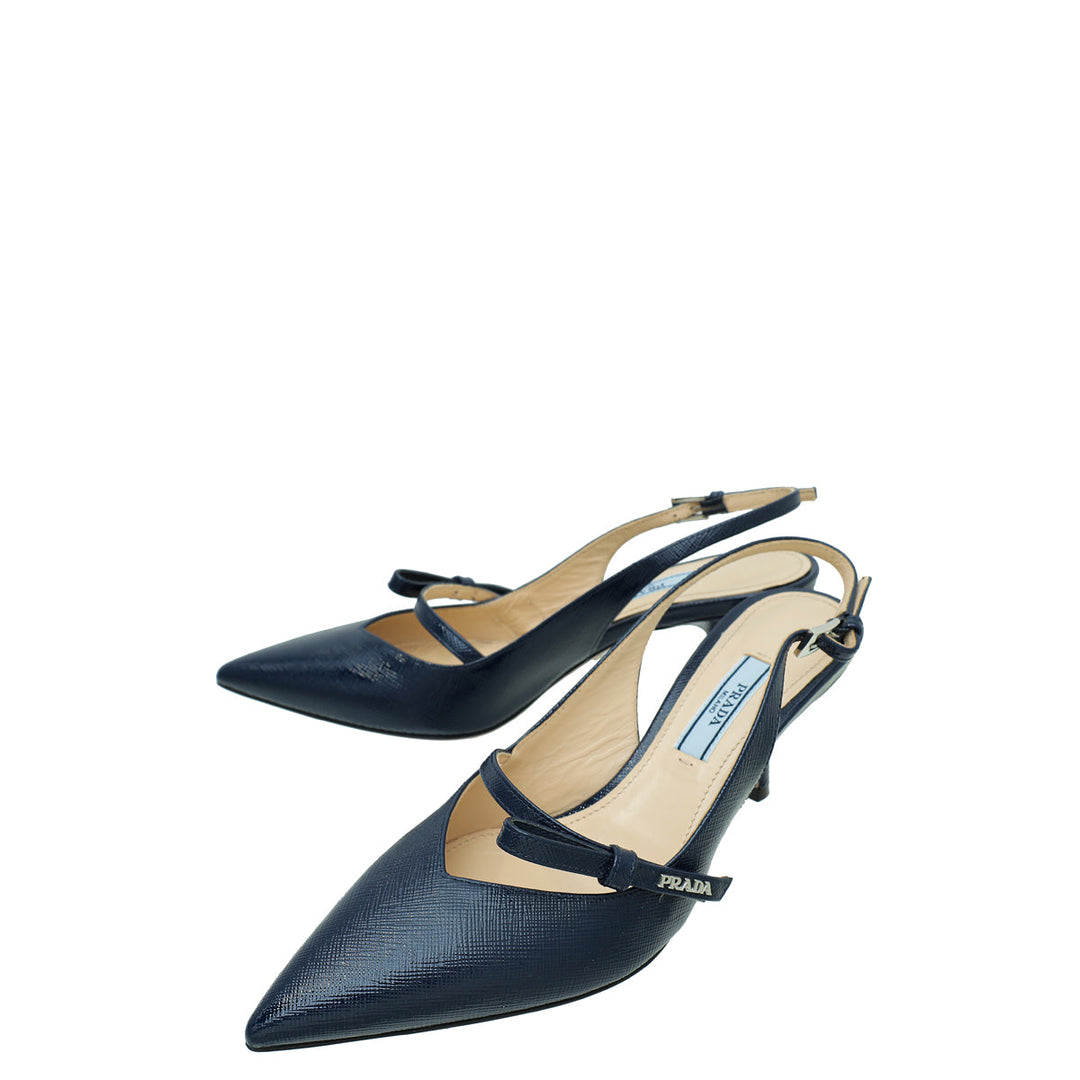 Prada Navy Blue Vernice Bow Slingback Pump 36