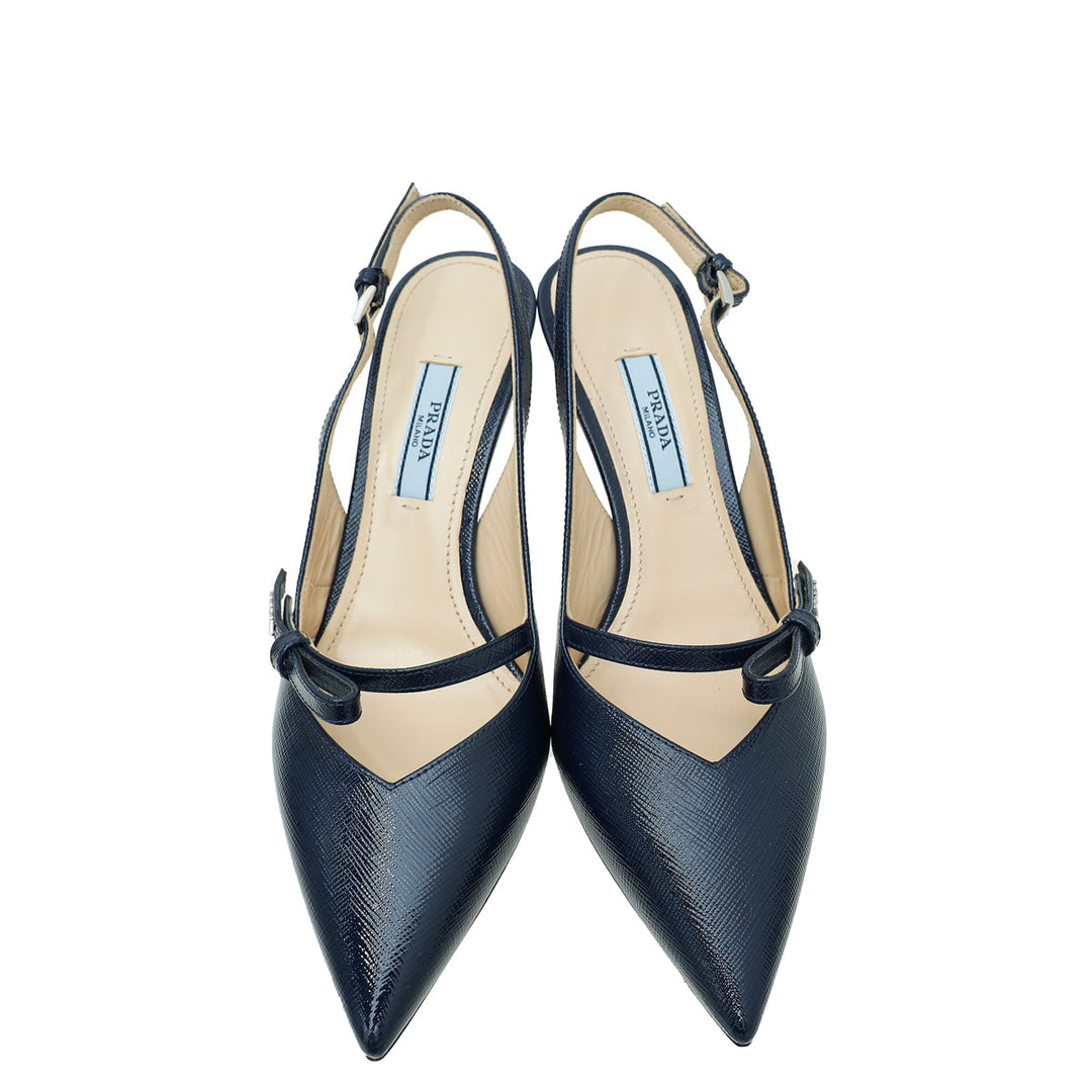 Prada Navy Blue Vernice Bow Slingback Pump 36