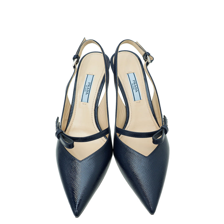 Prada Navy Blue Vernice Bow Slingback Pump 36