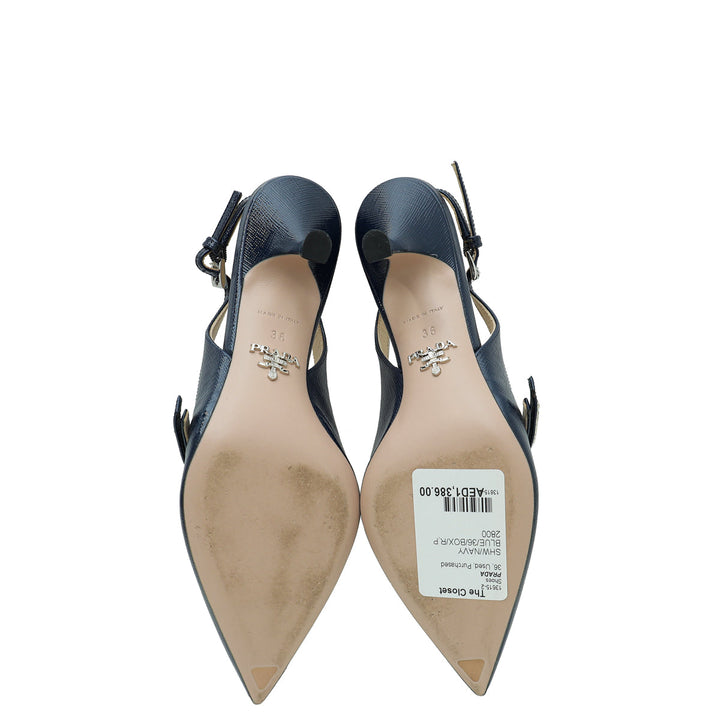 Prada Navy Blue Vernice Bow Slingback Pump 36