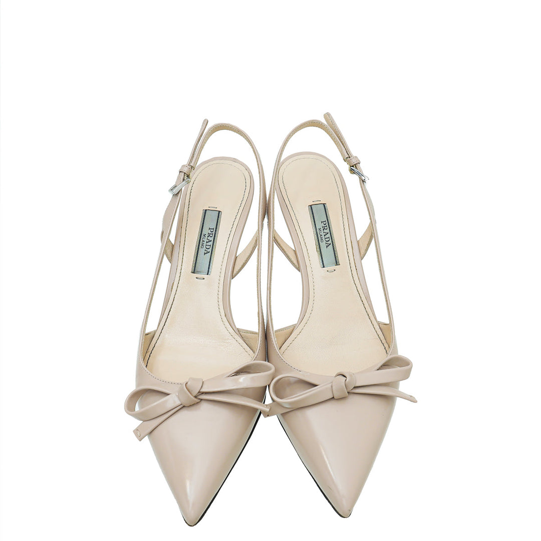 Prada Nude Bow Pointed Toe Slingback 36