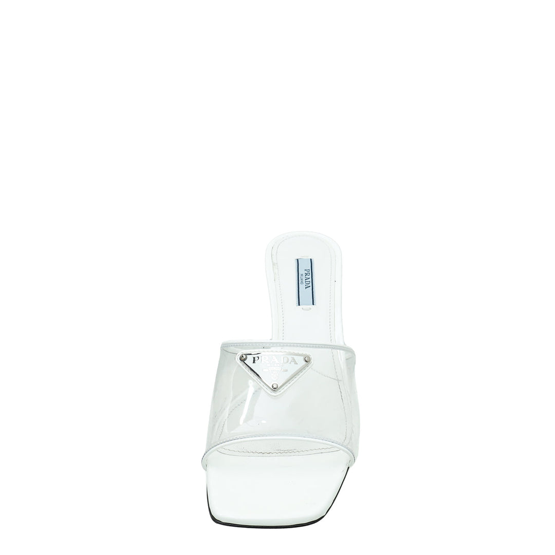 Prada White Logo Clear PVC Slide Mules 37