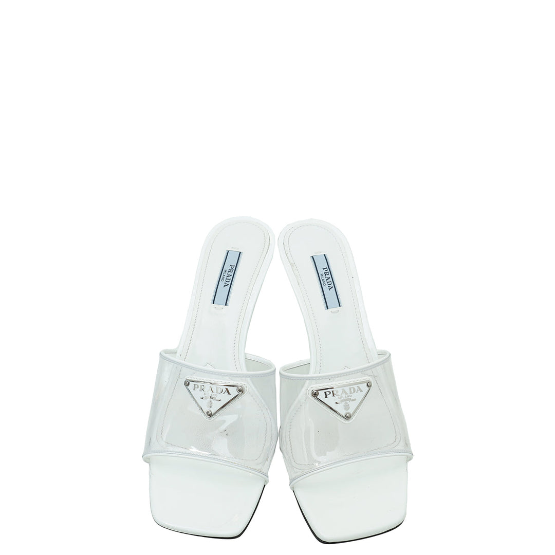 Prada White Logo Clear PVC Slide Mules 37