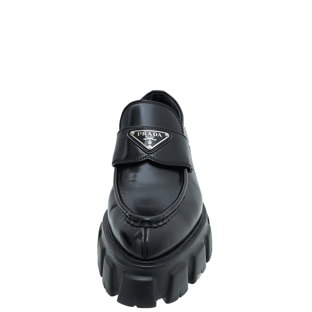Prada Black Brushed Monolith Pointy Loafers 38.5
