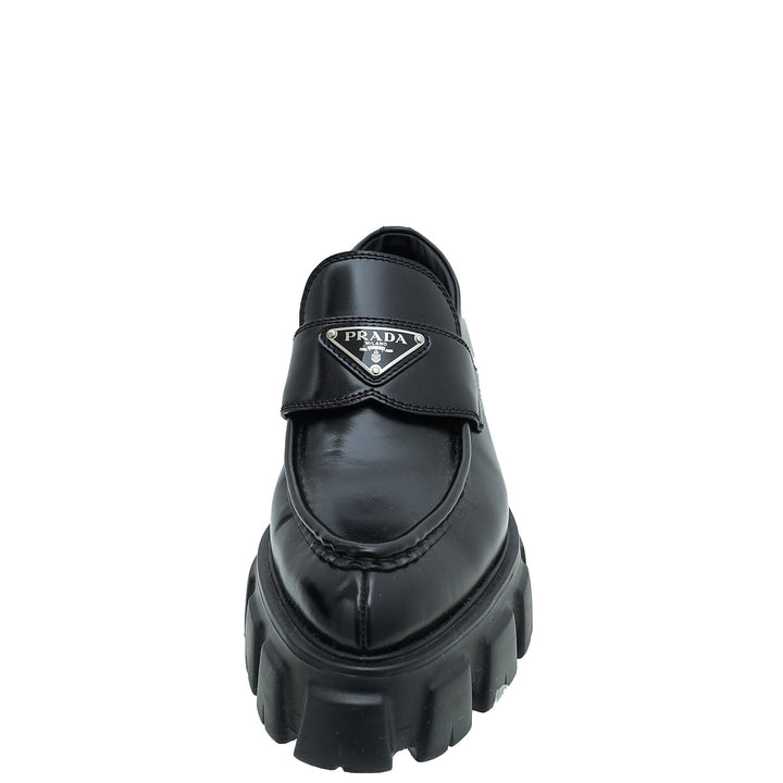 Prada Black Brushed Monolith Pointy Loafers 38.5