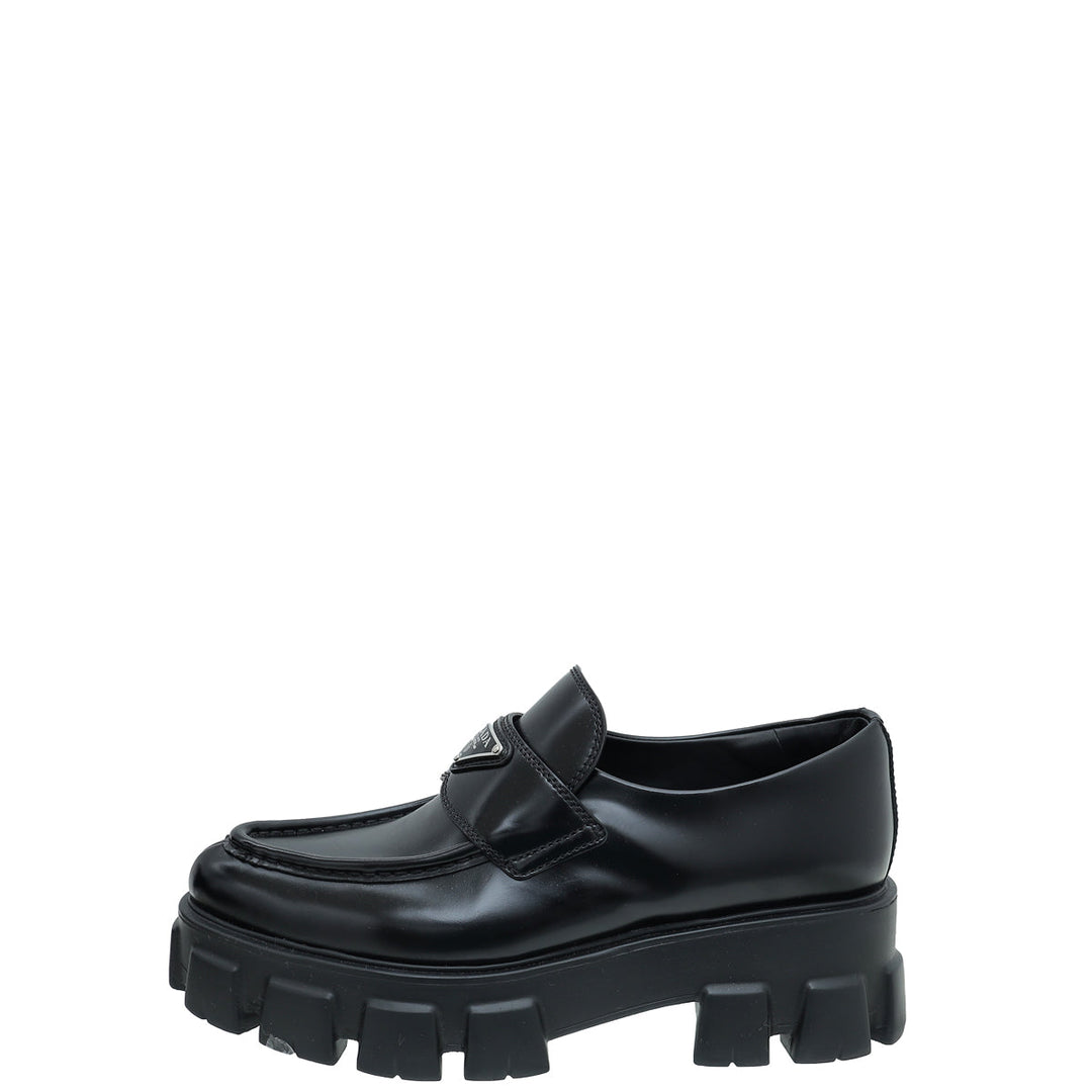 Prada Black Brushed Monolith Pointy Loafers 38.5