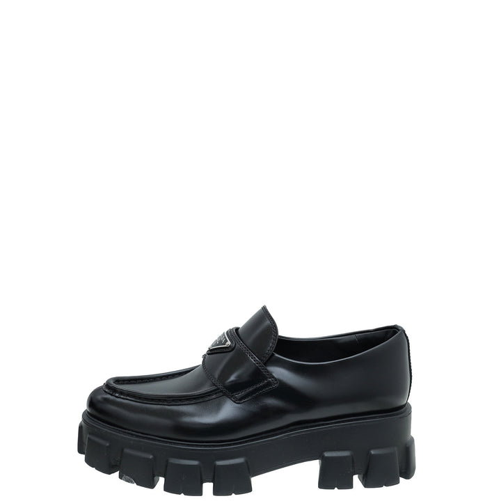 Prada Black Brushed Monolith Pointy Loafers 38.5