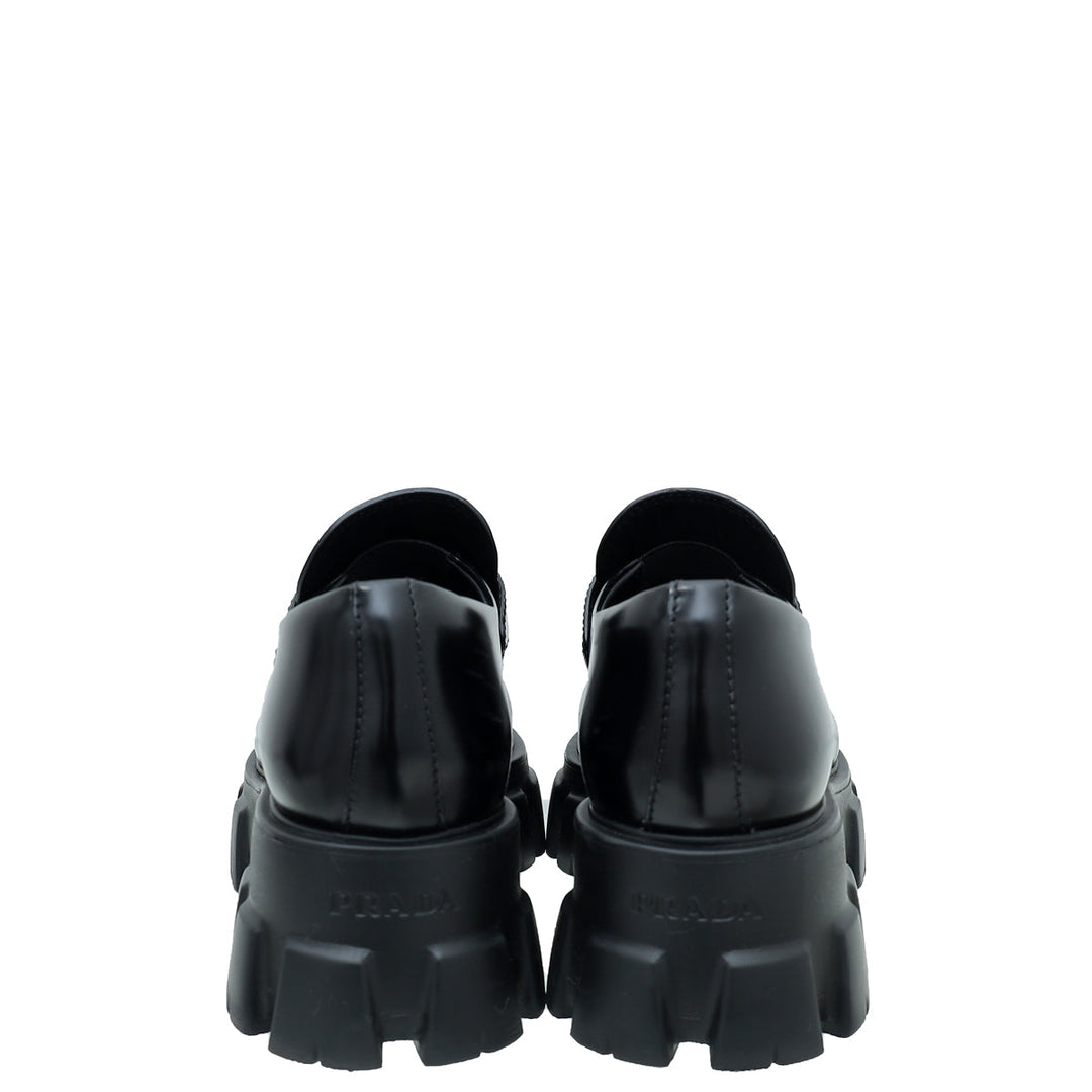Prada Black Brushed Monolith Pointy Loafers 38.5