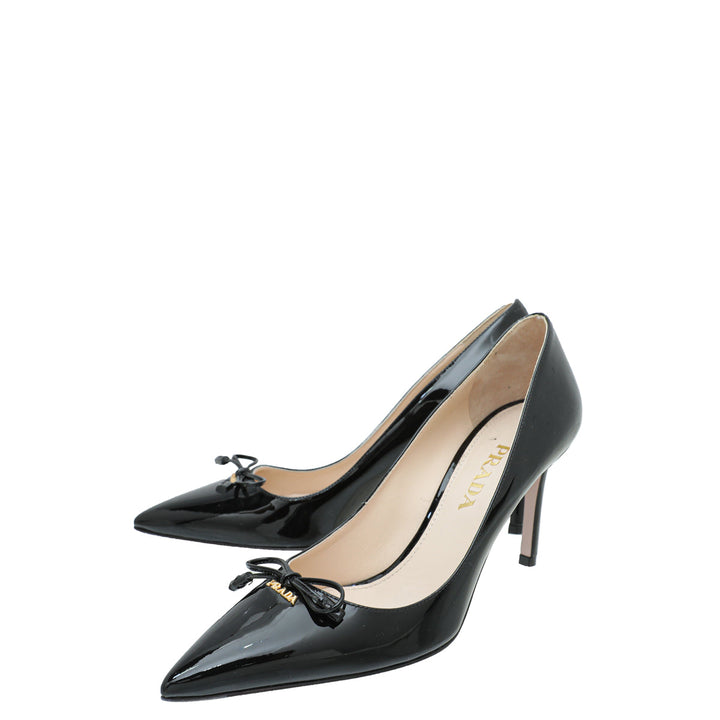 Prada Black Logo Pointed Toe Bow Pump 37