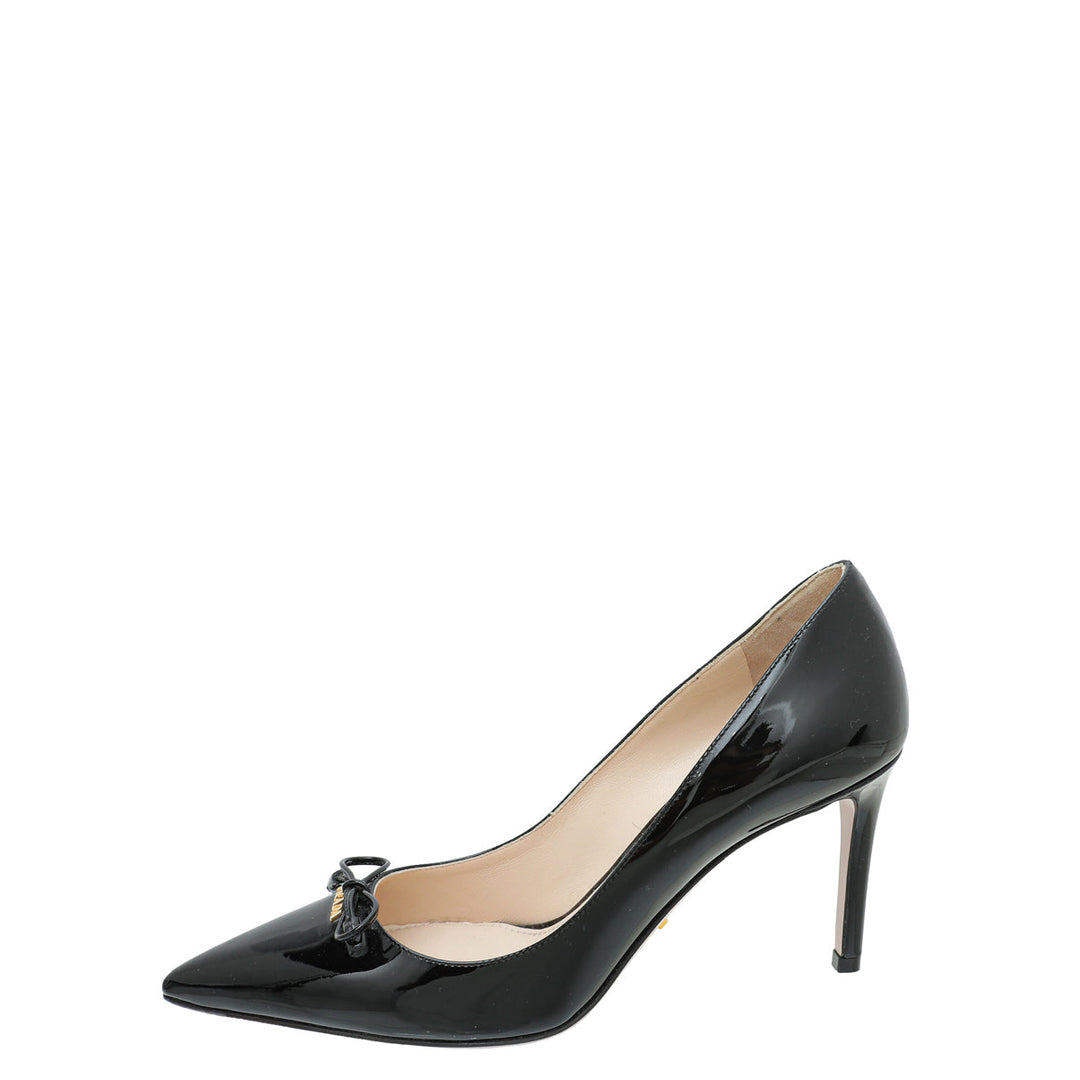 Prada Black Logo Pointed Toe Bow Pump 37