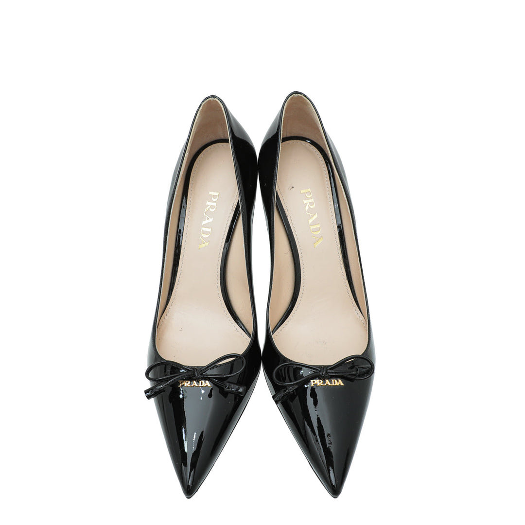 Prada Black Logo Pointed Toe Bow Pump 37
