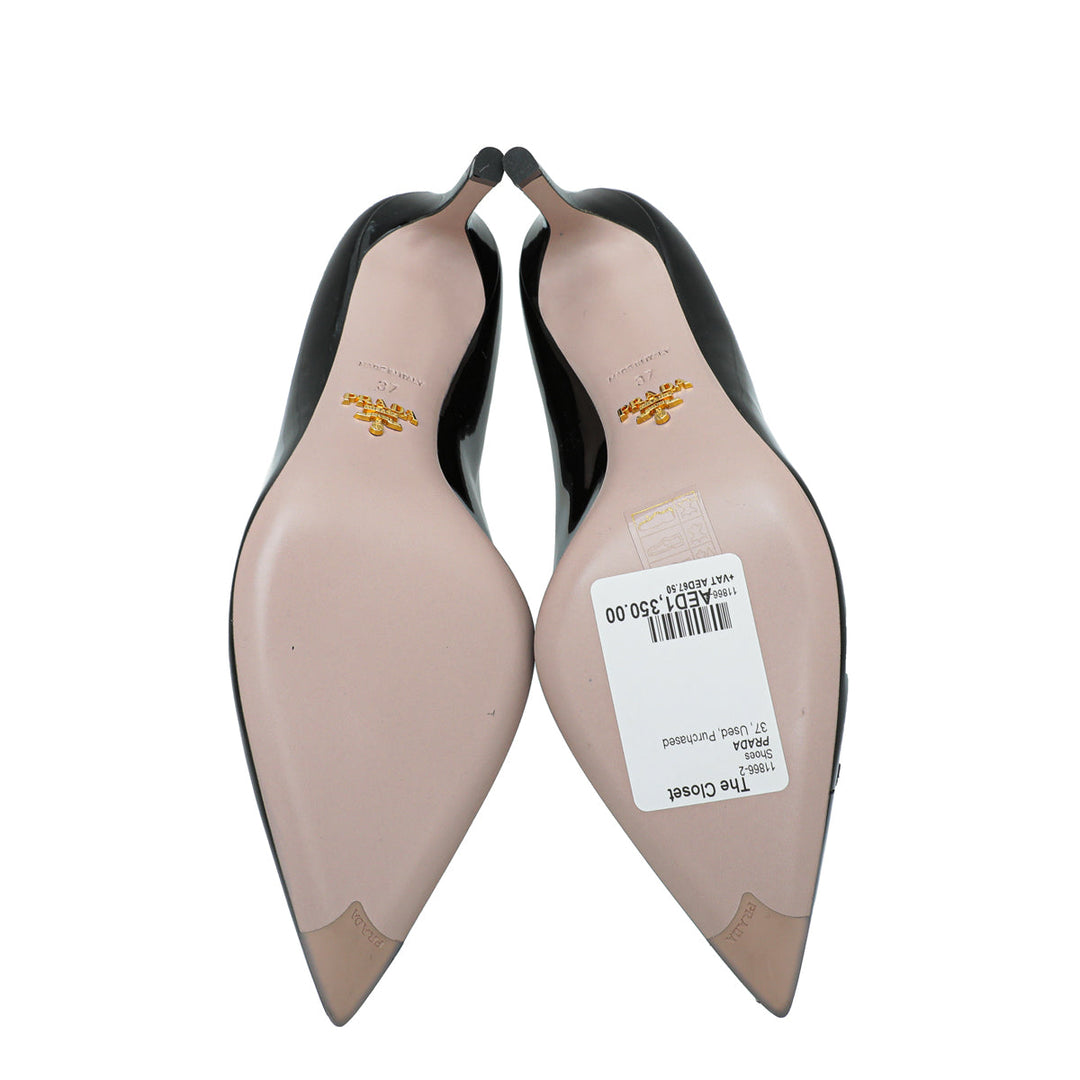Prada Black Logo Pointed Toe Bow Pump 37