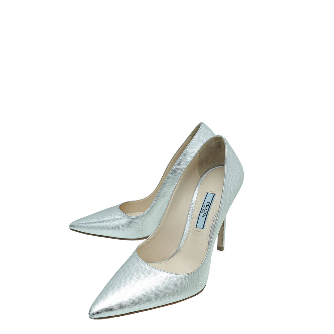 Prada Metallic Silver Pointed Toe Pump 36.5
