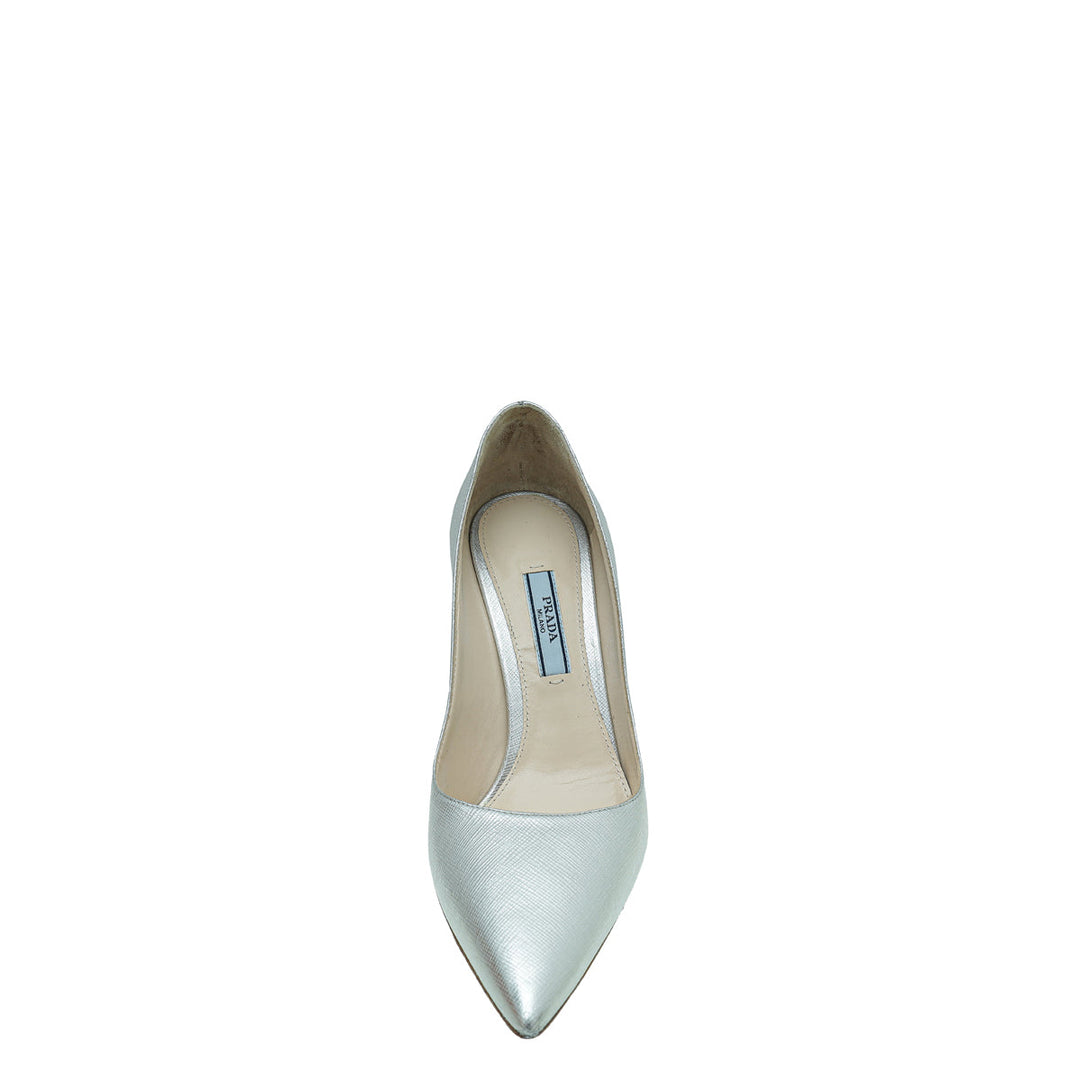 Prada Metallic Silver Pointed Toe Pump 36.5