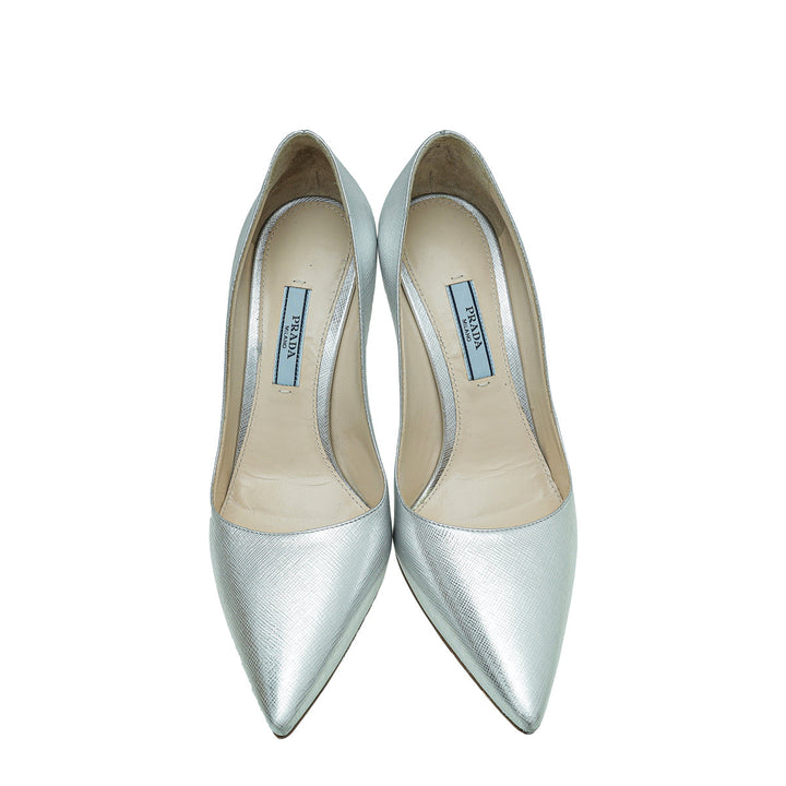 Prada Metallic Silver Pointed Toe Pump 36.5