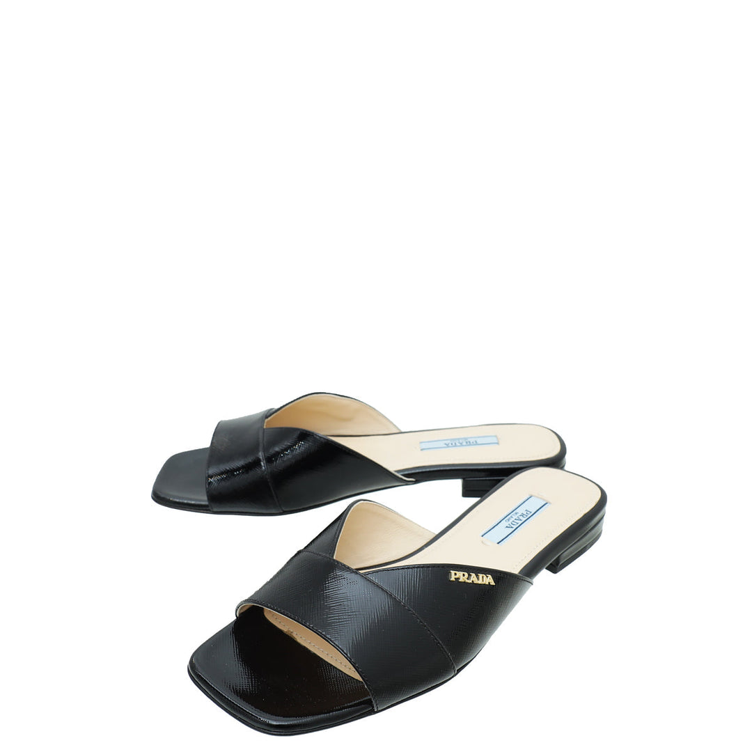 Prada Black Logo Vernice Slide Flat Sandal 36