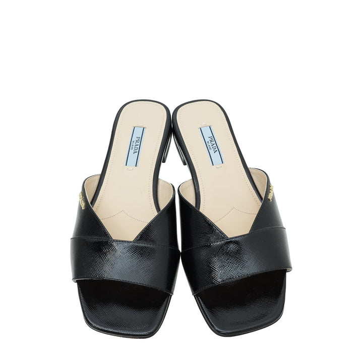 Prada Black Logo Vernice Slide Flat Sandal 36