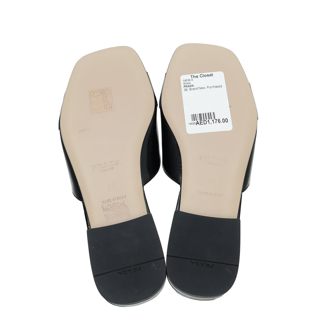 Prada Black Logo Vernice Slide Flat Sandal 36