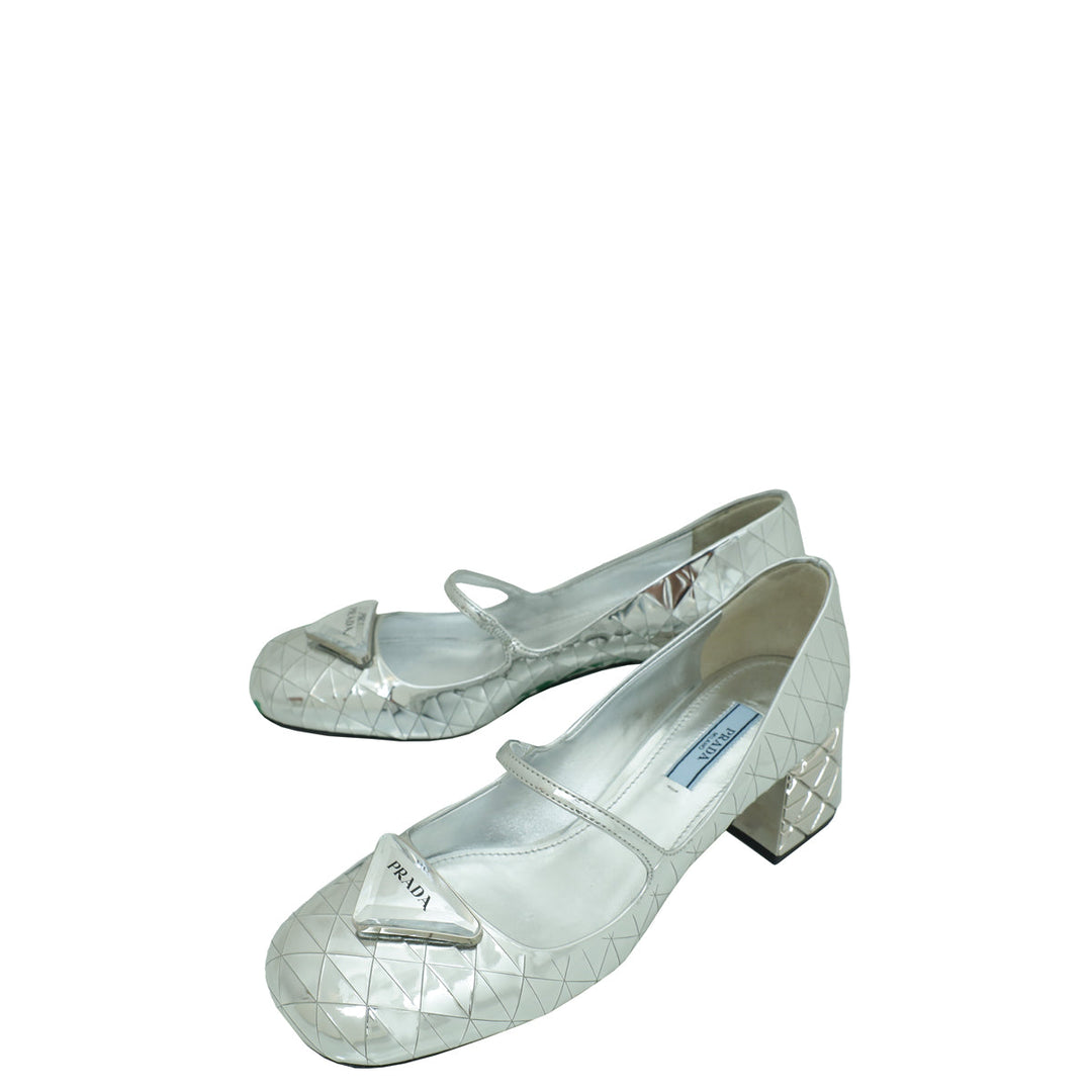 Prada Silver Logo Venice Metallic Mary Jane 37
