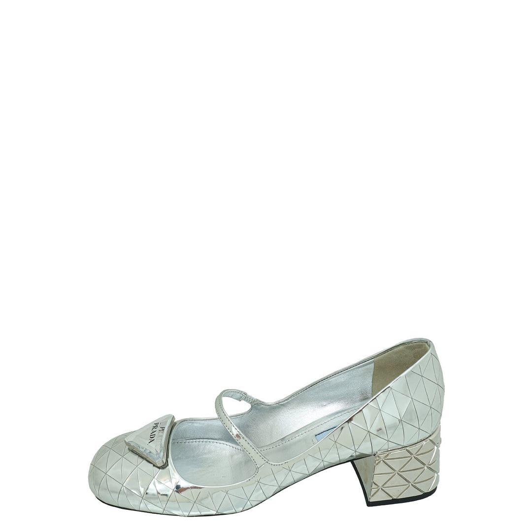 Prada Silver Logo Venice Metallic Mary Jane 37