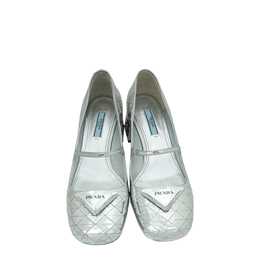 Prada Silver Logo Venice Metallic Mary Jane 37
