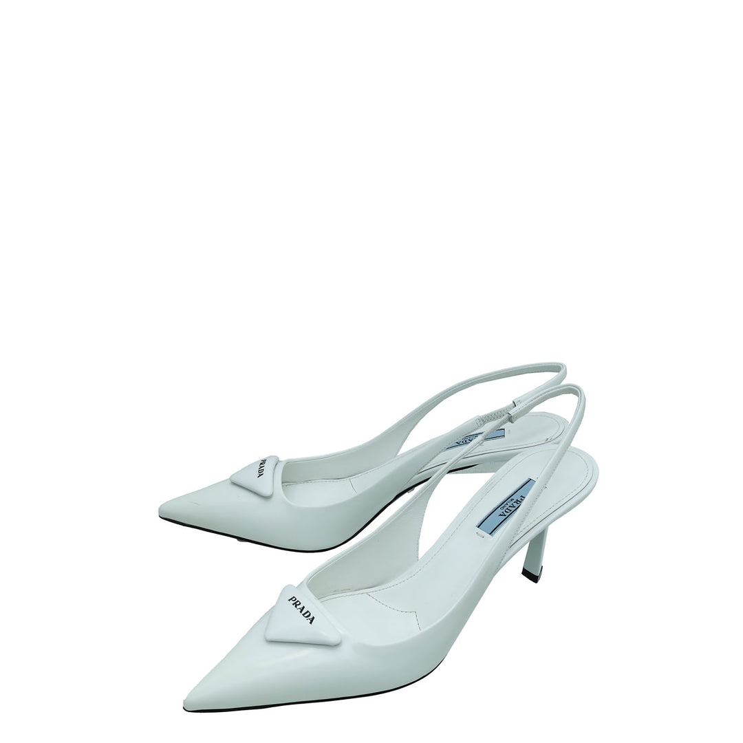 Prada White Logo Brushed Slingback Pump 38