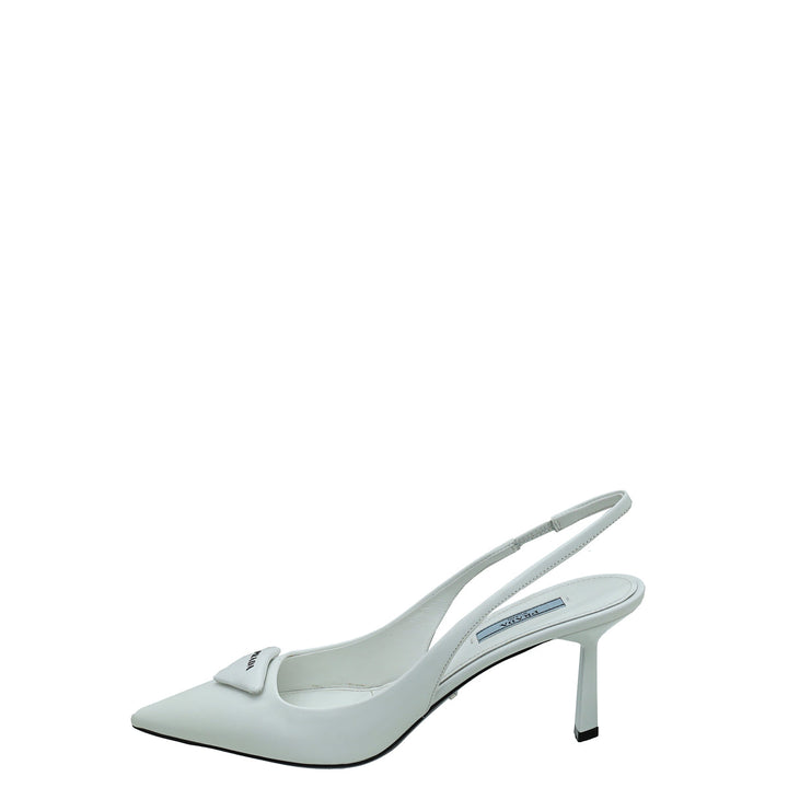 Prada White Logo Brushed Slingback Pump 38