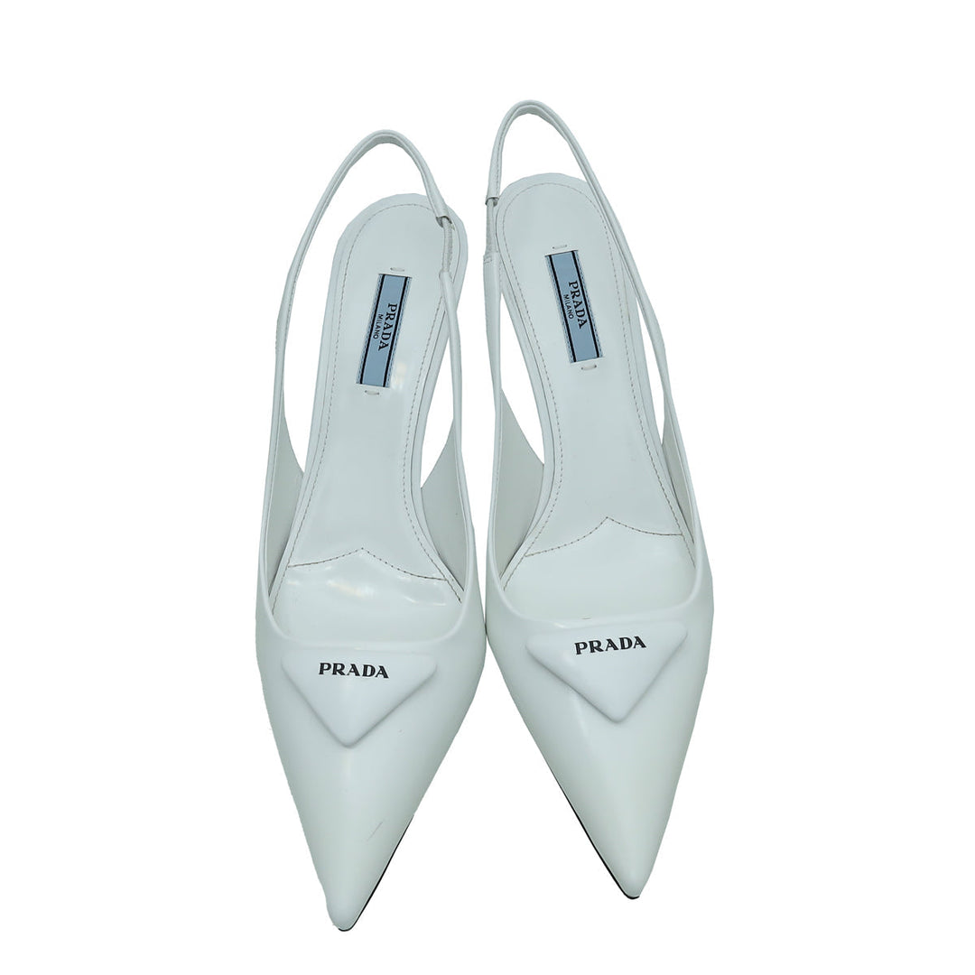 Prada White Logo Brushed Slingback Pump 38
