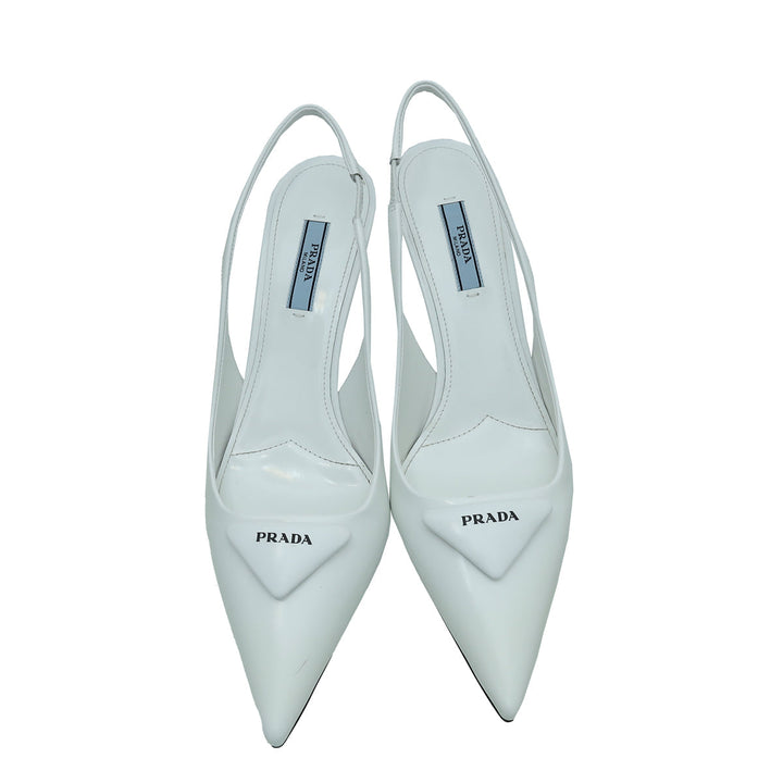 Prada White Logo Brushed Slingback Pump 38
