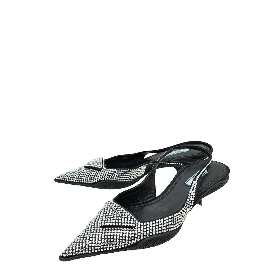 Prada Black Logo Satin Crystal Slingback Pump 39