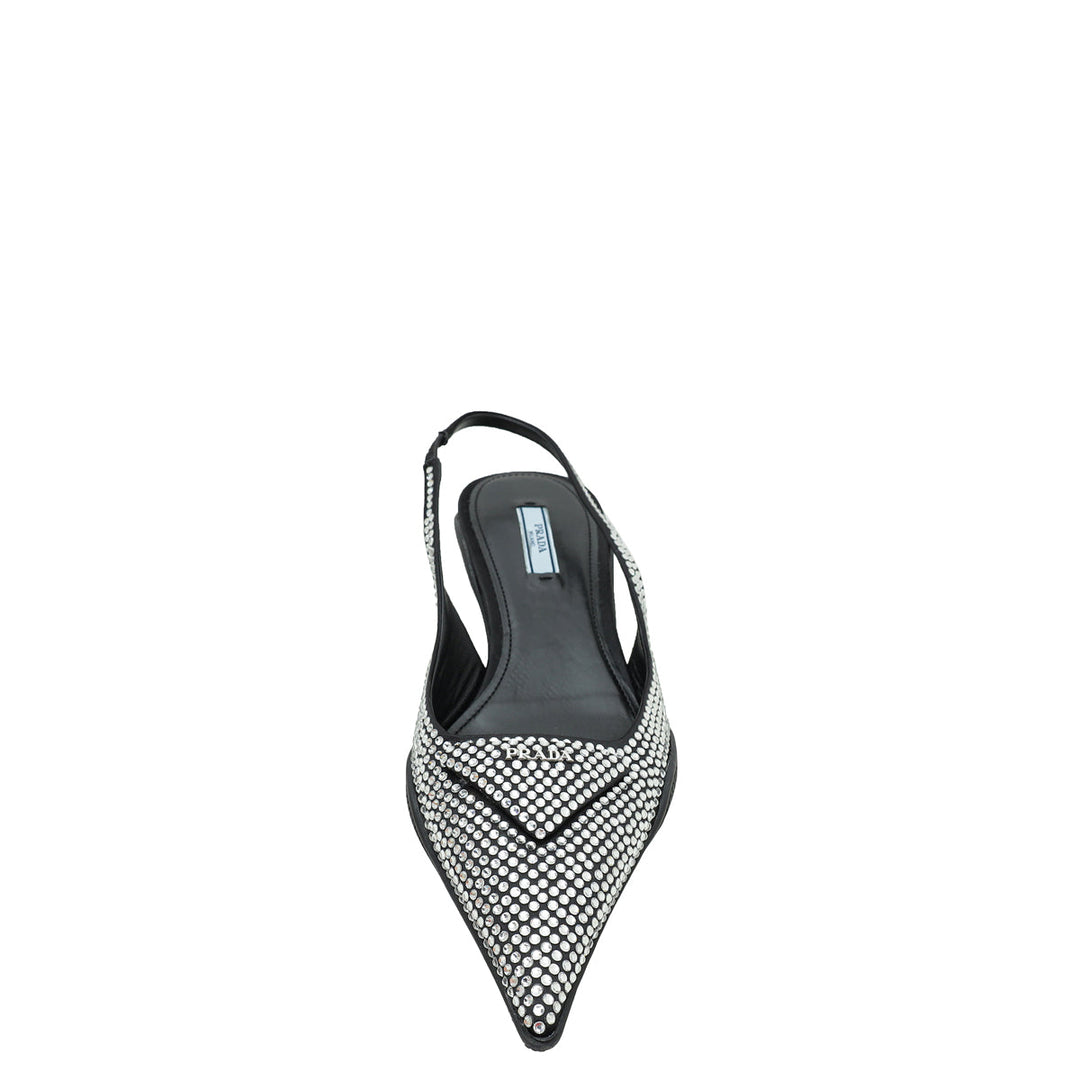 Prada Black Logo Satin Crystal Slingback Pump 39