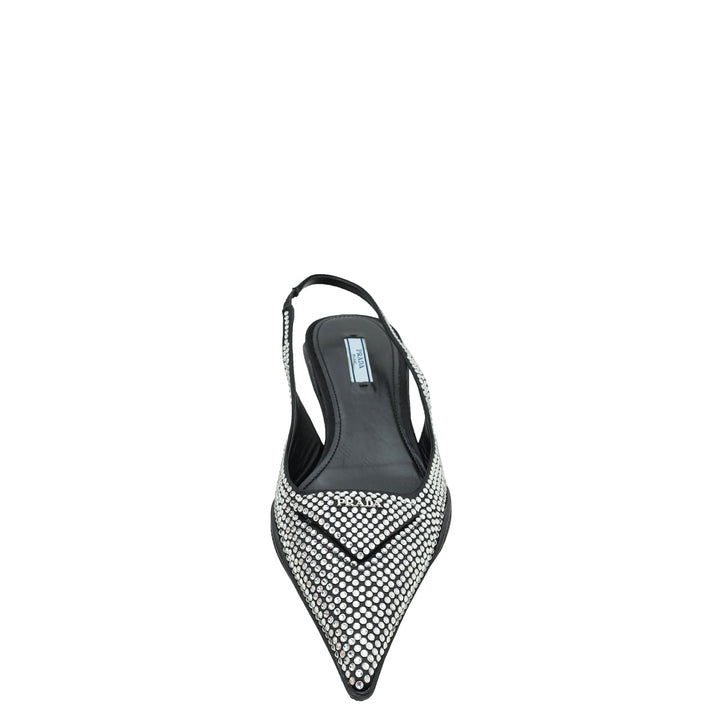 Prada Black Logo Satin Crystal Slingback Pump 39