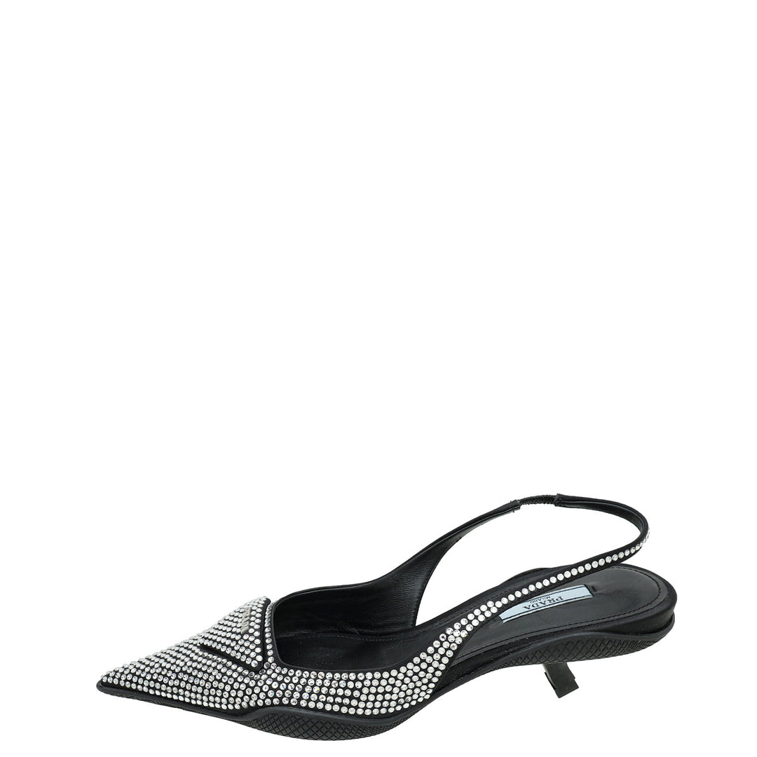 Prada Black Logo Satin Crystal Slingback Pump 39