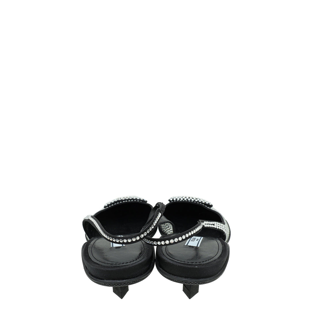 Prada Black Logo Satin Crystal Slingback Pump 39
