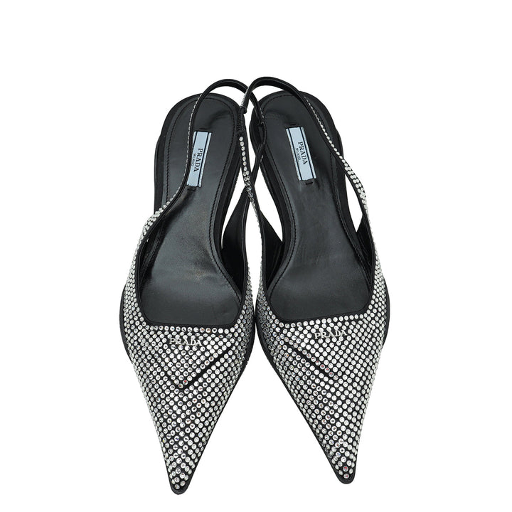 Prada Black Logo Satin Crystal Slingback Pump 39