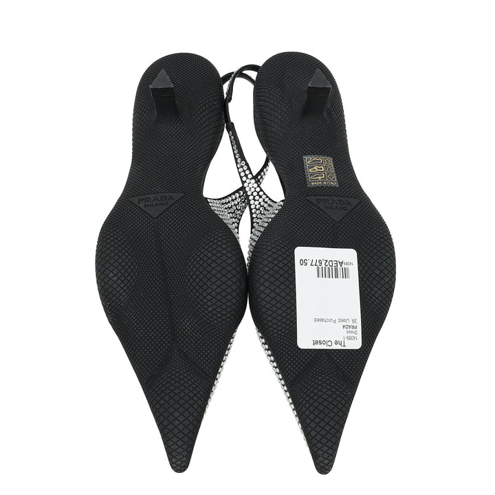 Prada Black Logo Satin Crystal Slingback Pump 39